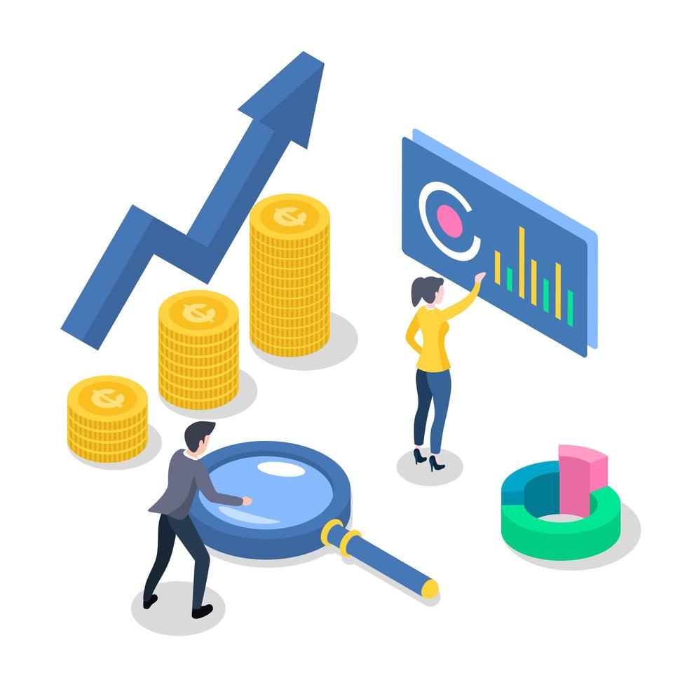 Ilustración de vector de color isométrico de contabilidad y auditoría. aumento de ingresos. crecimiento económico. trabajadores que desarrollan el plan de negocios. análisis de datos y estadísticas. Concepto 3d aislado sobre fondo blanco