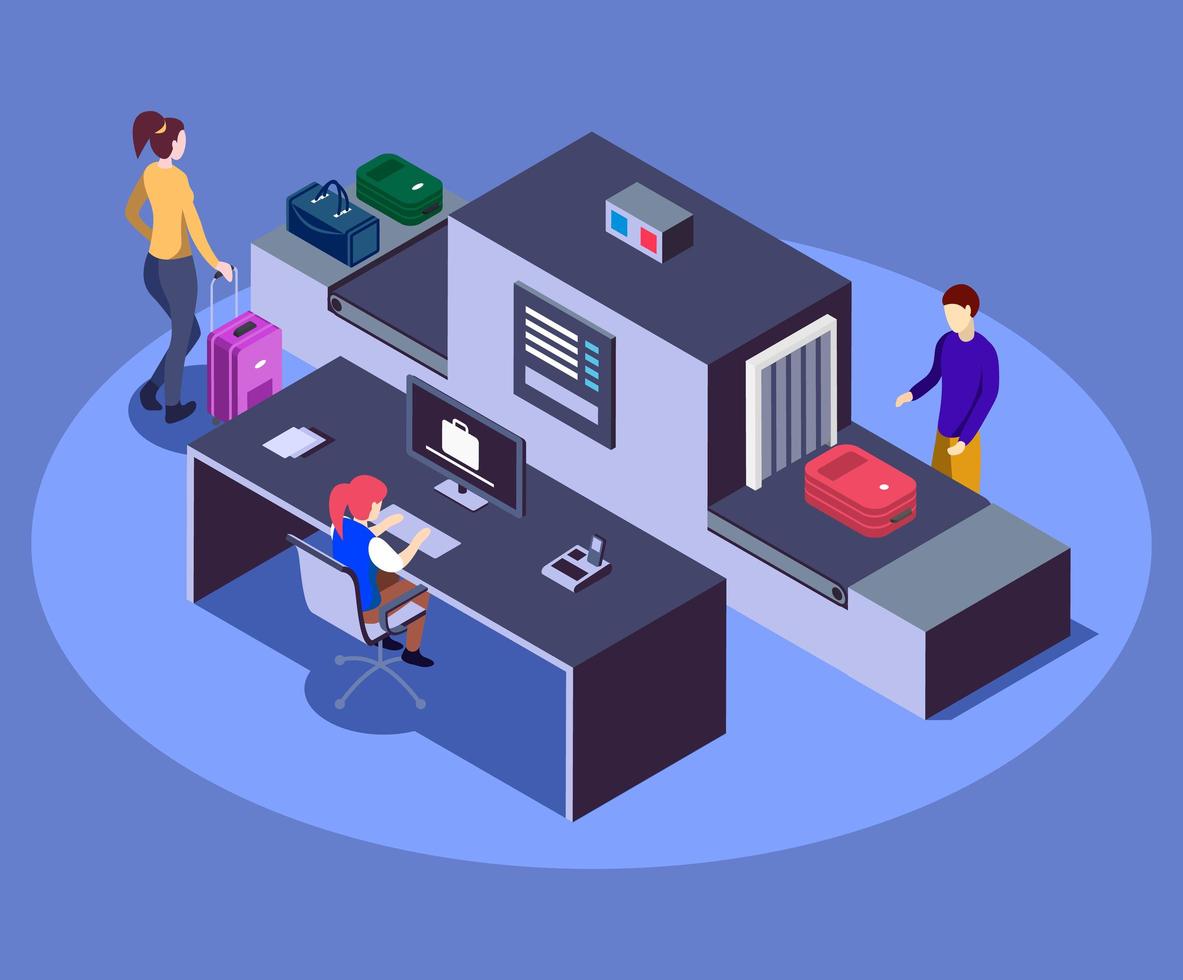 Airport baggage scanner isometric color vector illustration. Modern airline company safety measure 3d concept isolated on blue background. Security worker checking passengers luggage