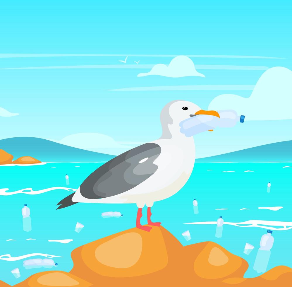 Seagull with plastic bottle flat vector illustration. Nature damage. Ecological catastrophe. Plastic pollution in ocean problem. Bird holding in beak disposable container cartoon character