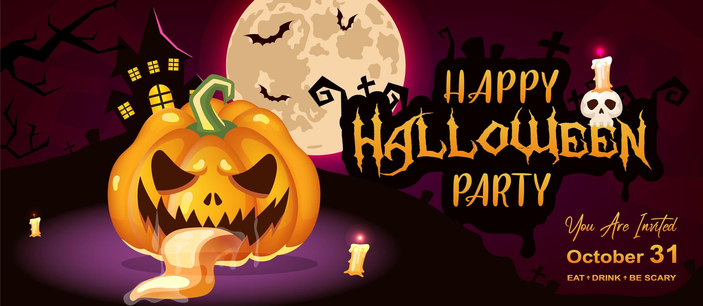 Plantilla de vector de banner plano de fiesta de halloween feliz. Diseño de invitación de evento de vacaciones de octubre. Fondo de dibujos animados aterrador y espeluznante con calabaza, luna y letras. cartel horizontal de helloween