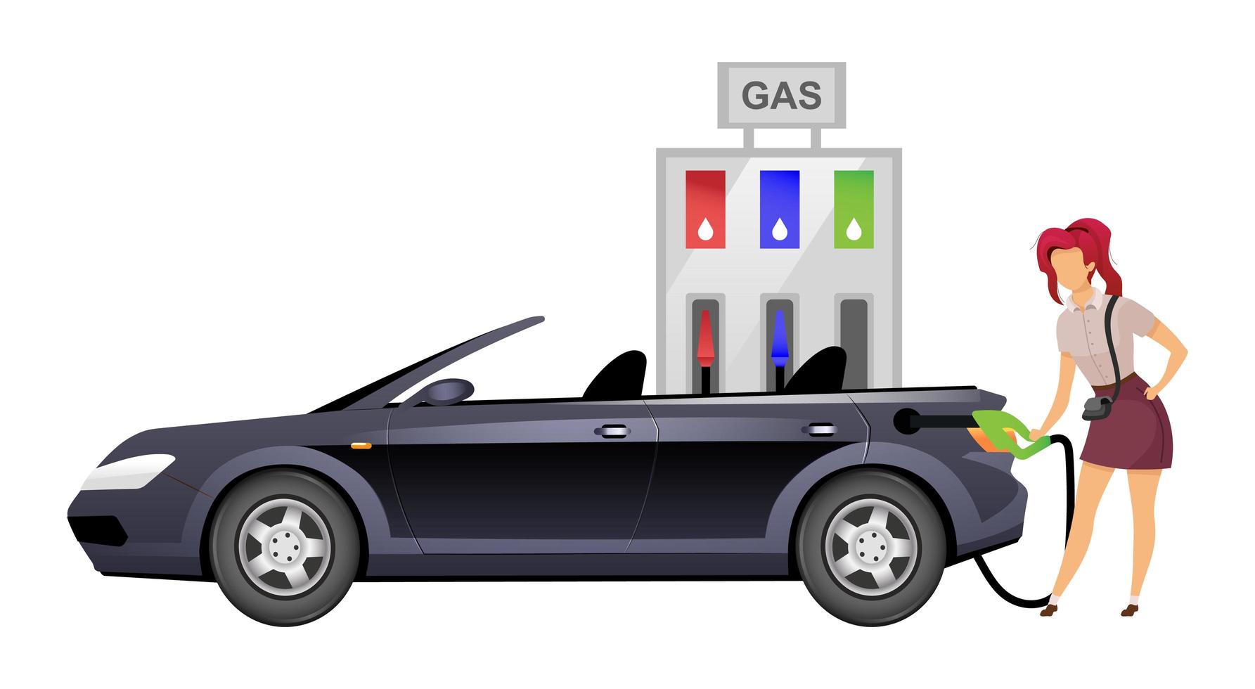 Carácter sin rostro del vector del color plano del coche de repostaje de la mujer. Señora sonriente en el ejemplo aislado de la historieta de la gasolinera del autoservicio para el diseño gráfico y la animación web. mujer conductora en la gasolinera