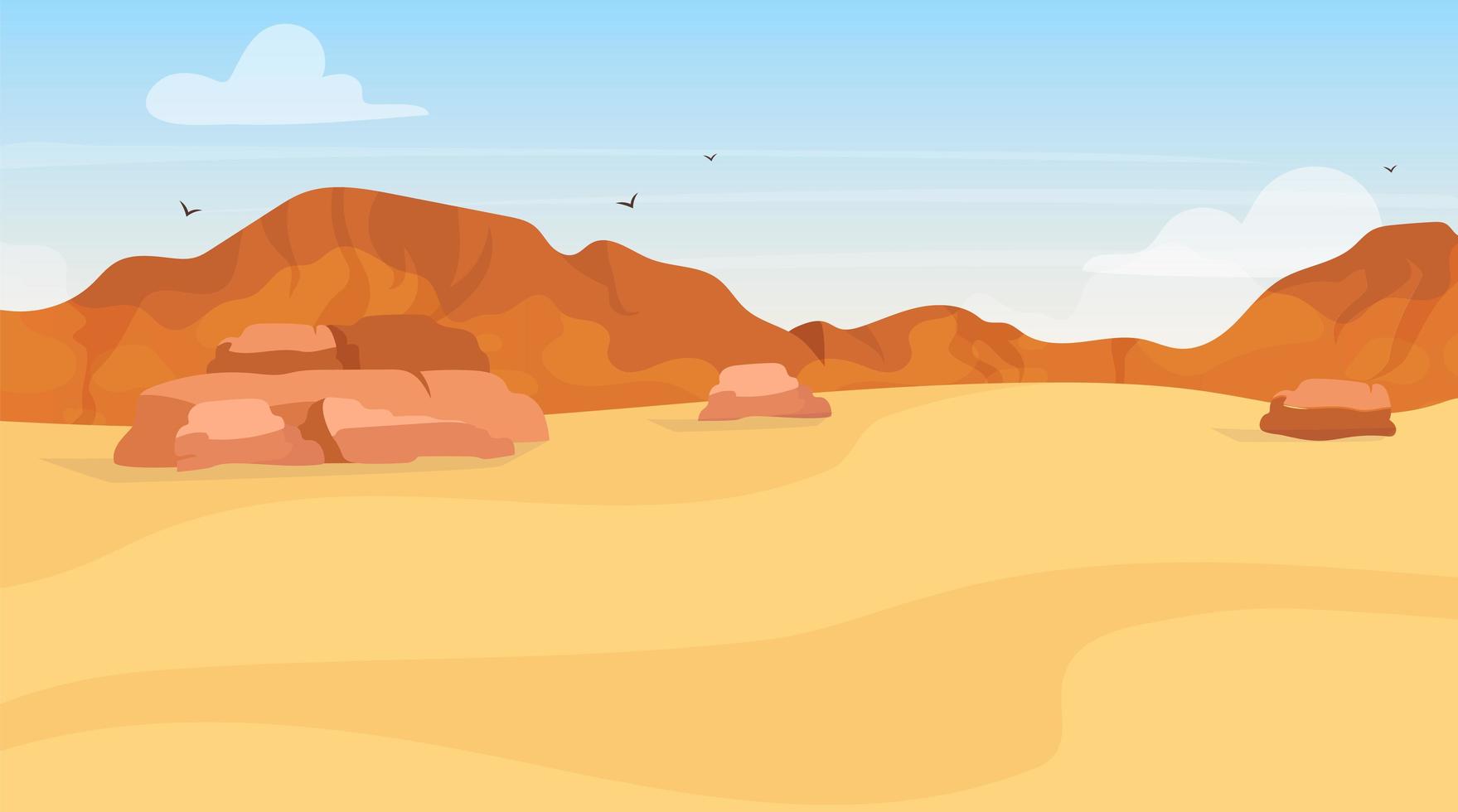 Ilustración de vector plano de dunas. exploración del desierto de arena. paisaje egipcio panorámico. desierto árabe. tierra africana. proyecto de entorno. vista de plato. colinas de montaña. fondo de dibujos animados de páramo