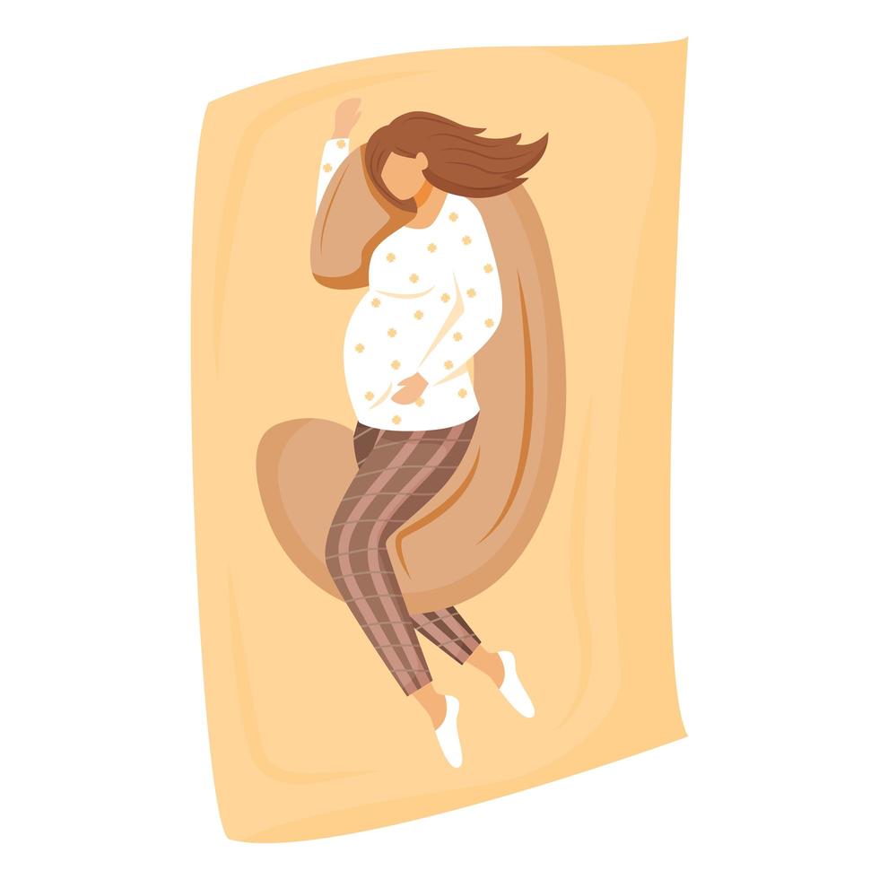 Mujer embarazada durmiendo en la ilustración de vector plano de almohada de embarazo. esperando bebé. preparación para la maternidad. Chica relajándose en la cama en tiempo prenatal personaje de dibujos animados sobre fondo blanco.