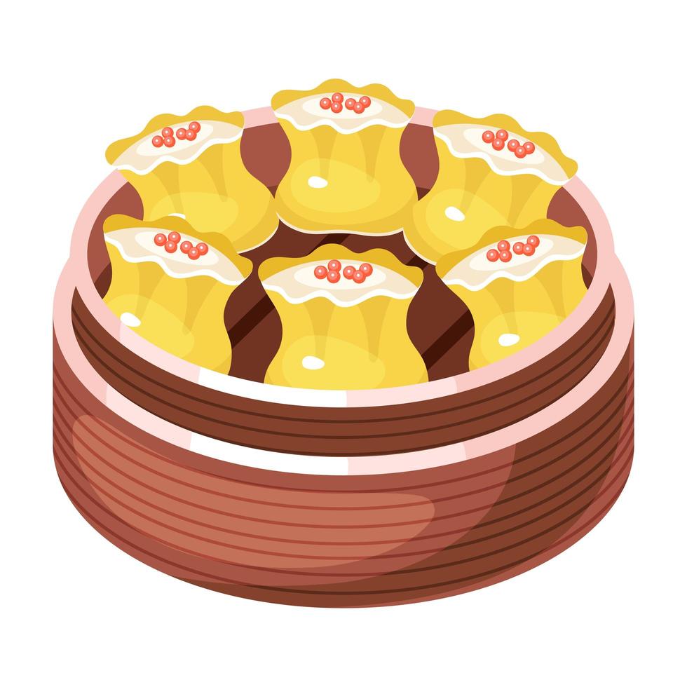 Chinese dim sum color icon. Asian small bite dish in basket. Eastern traditional cuisine. Steamed buns with caviar. Dumpling with meat, vegetables, spices. Isolated vector illustration