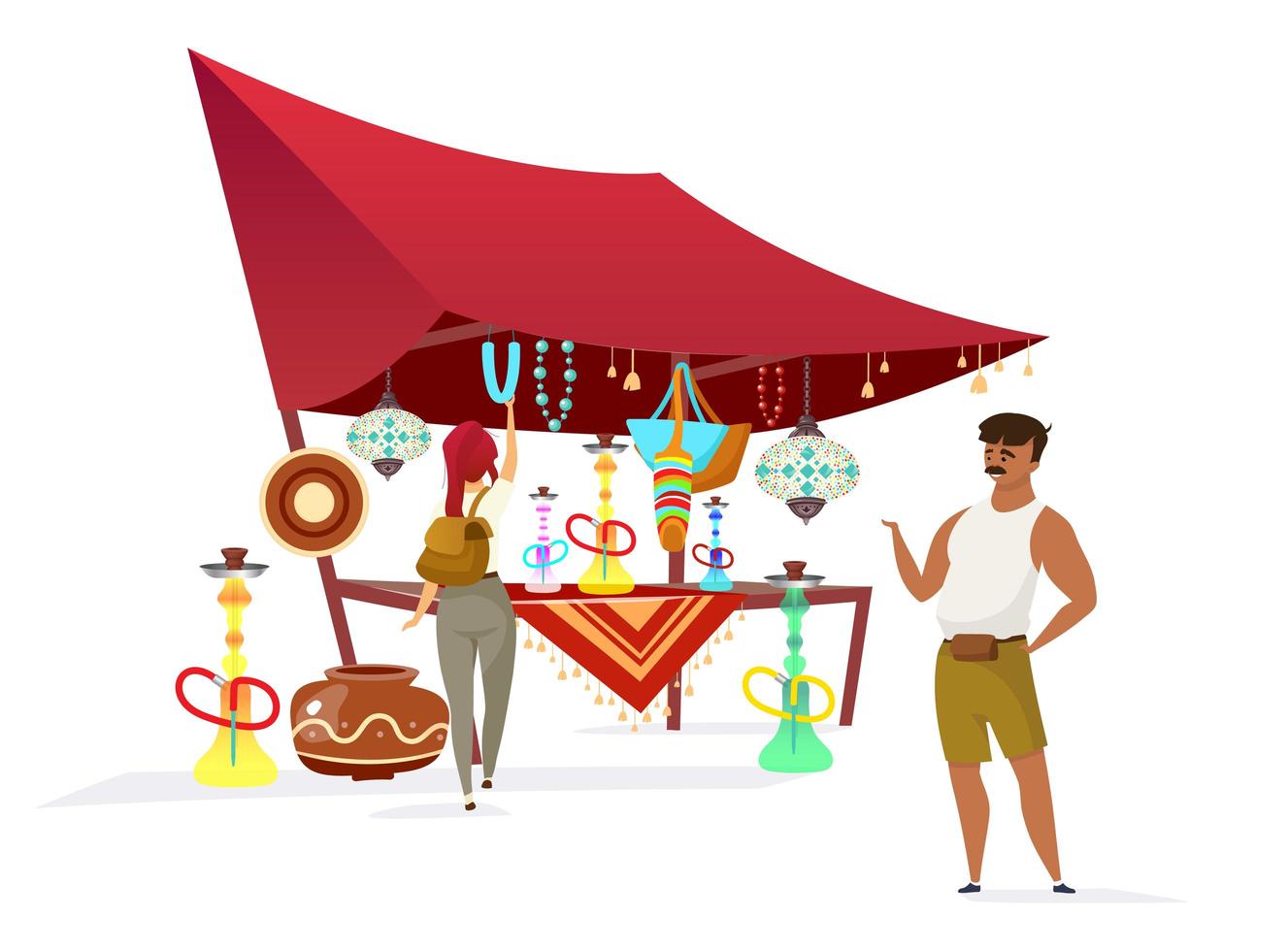 Egypt bazaar flat color vector faceless character. Traditional african souk, marketplace. Muslim vendor selling hookahs, souvenirs for tourist isolated cartoon illustration on white background