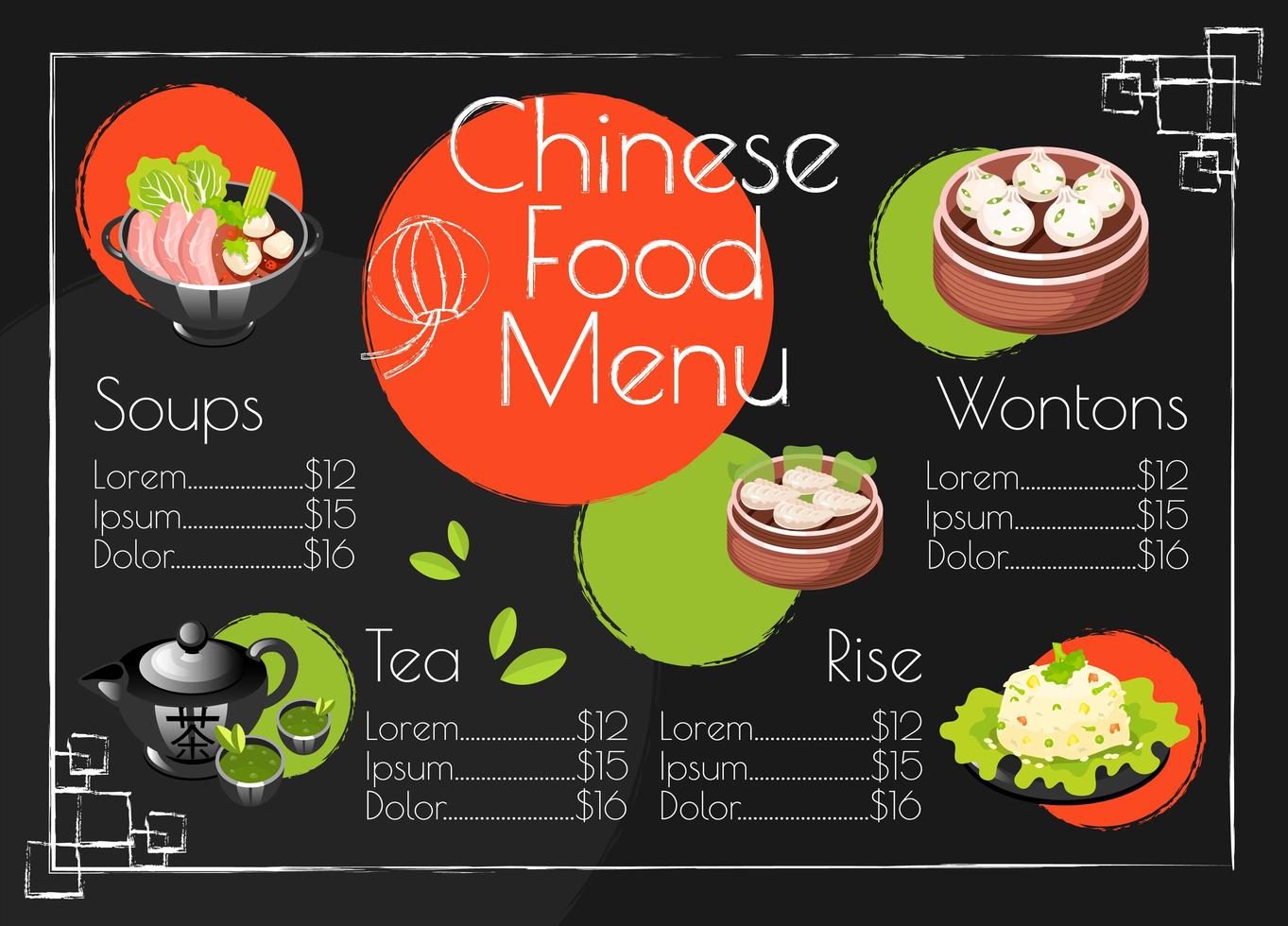 plantilla de menú de comida china. platos tradicionales de la cocina asiática. diseño de impresión con iconos de dibujos animados. ilustraciones de vectores de concepto. restaurante, banner de cafetería, página de folleto de volante con diseño de precios de alimentos