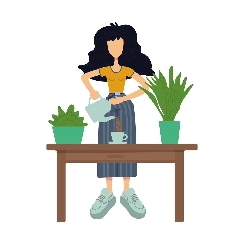 Ilustración de vector de dibujos animados plana cero residuos. mujer de pie haciendo té de hierbas. plantas de interior. lista para usar plantilla de personajes 2d para comerciales, animación, diseño de impresión. héroe cómico aislado