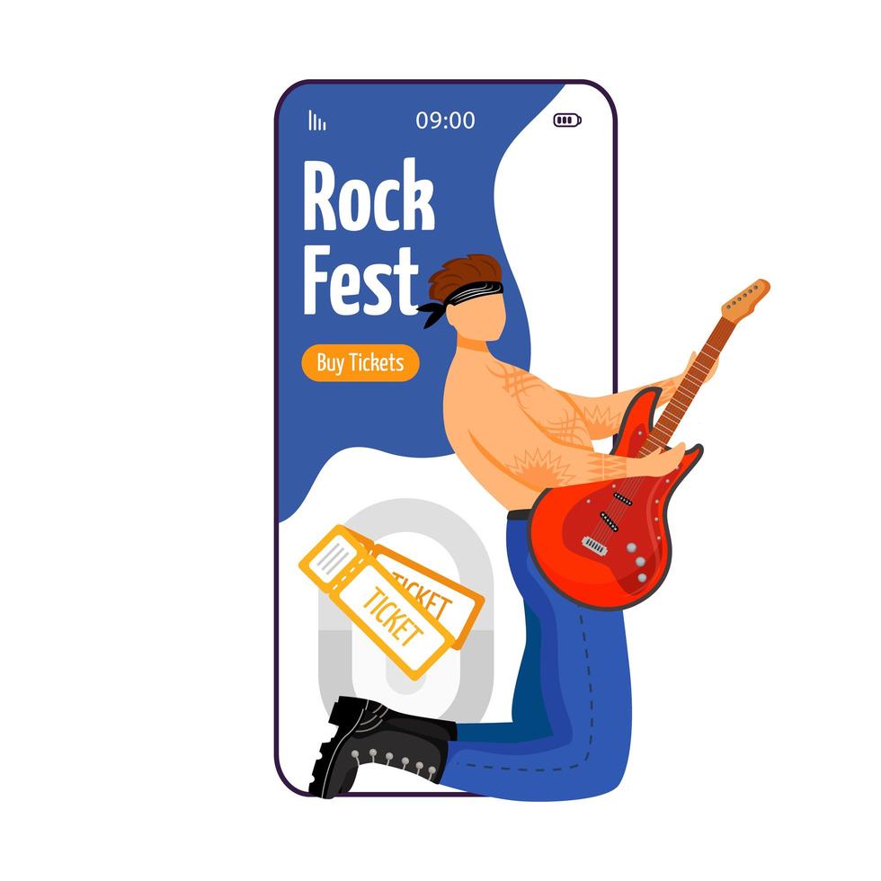 pantalla de aplicación de vector de teléfono inteligente de dibujos animados de rock fest. Entradas. guitarrista. concierto, concierto. festival, evento. Pantalla de teléfono móvil con maqueta de diseño de personajes planos. aplicación teléfono linda interfaz