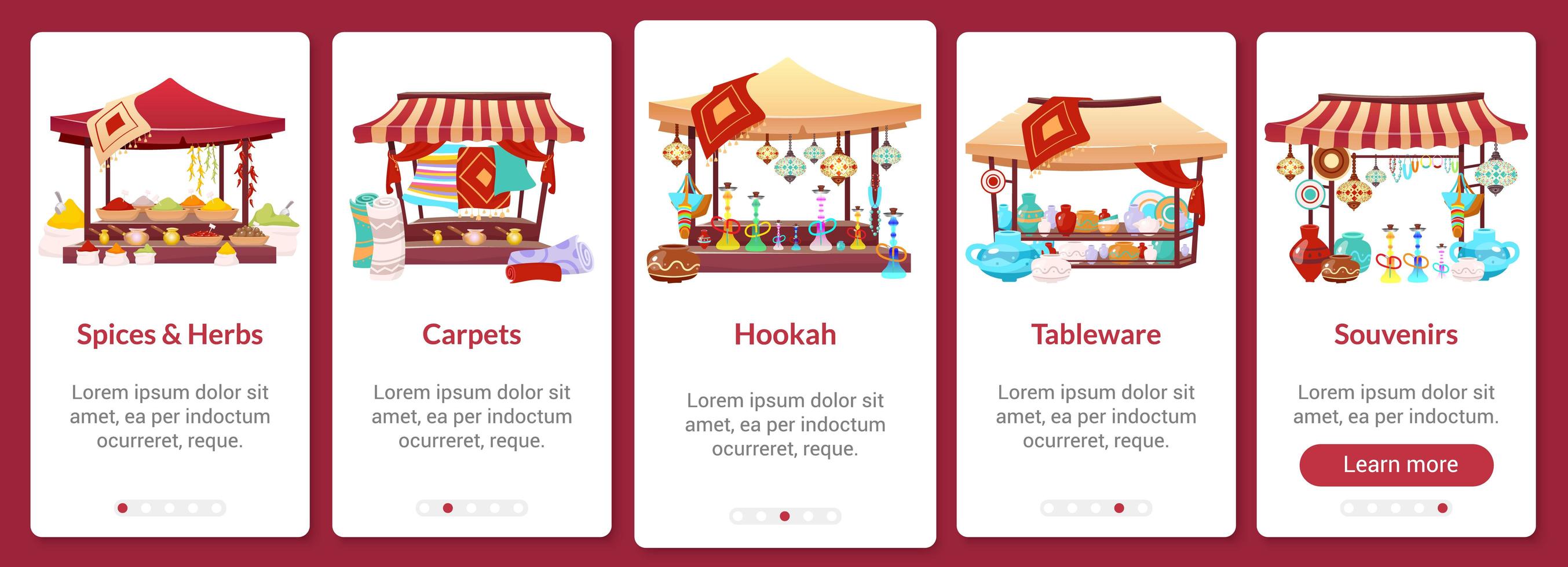 bazar onboarding plantilla de vector plano de pantalla de aplicación móvil. mercado callejero asiático. feria oriental. paso a paso del sitio web con caracteres aislados en blanco. interfaz de dibujos animados de smartphone ux, ui, gui