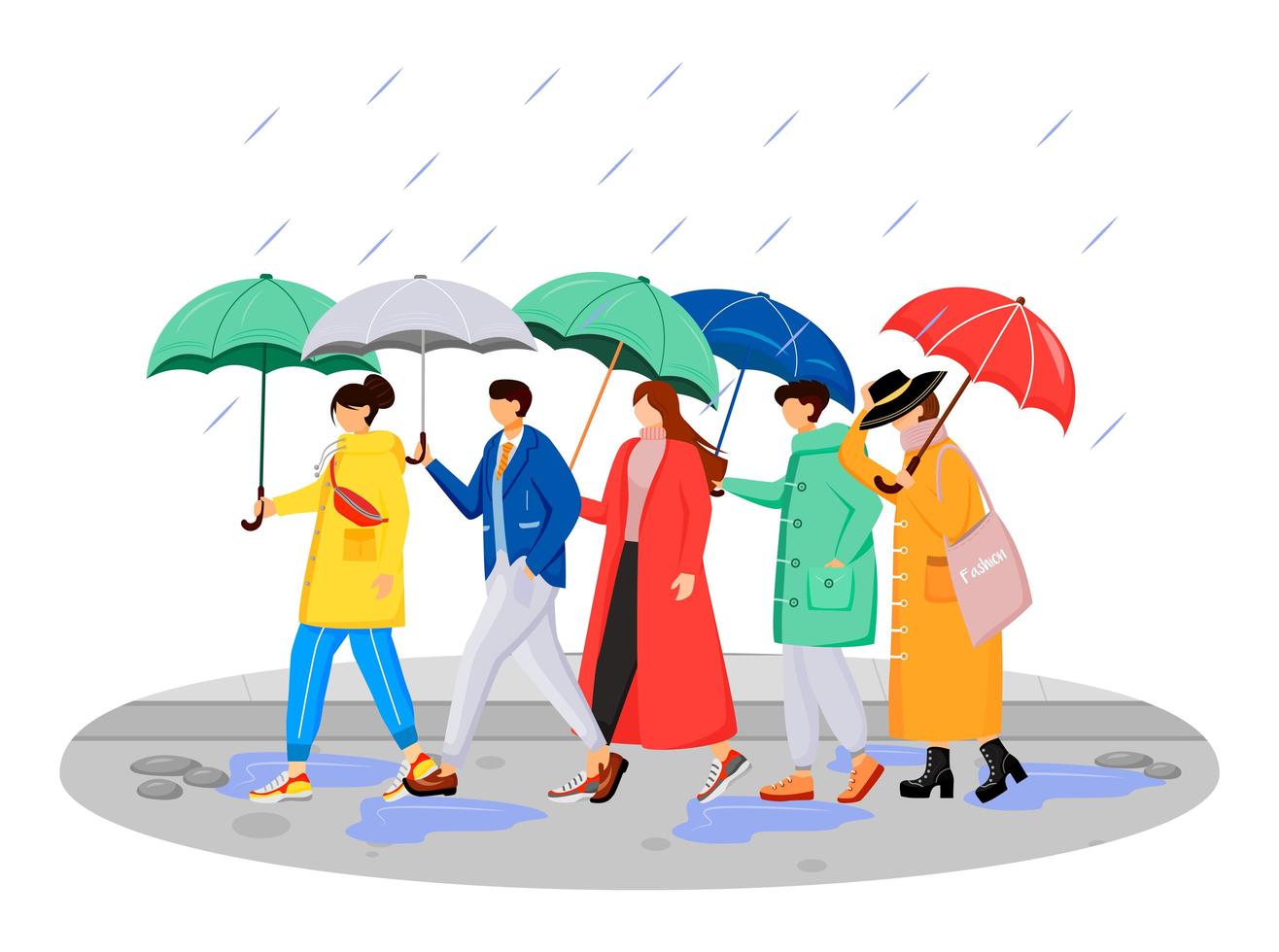 Personas en impermeables personajes sin rostro vectoriales de color plano. caminando humanos caucásicos con paraguas. día lluvioso. Hombres y mujeres en la carretera ilustración de dibujos animados aislados sobre fondo blanco vector