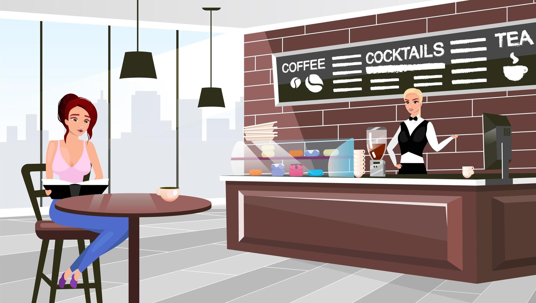 Coffee shop visitor sitting at table flat vector illustration. Cartoon barista at counter waiting for client order. Trendy urban restaurant interior. Stylish chalkboard with cocktails, tea menu