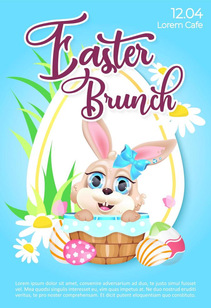 Easter brunch poster flat vector template. Pascha celebration. Brochure, booklet one page concept design with rabbit in basket kawaii cartoon characters. Spring holiday festive flyer, leaflet