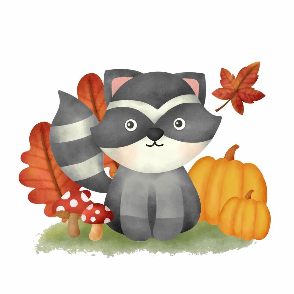 Watercolor Autumn woodland animals with cute raccoon card vector