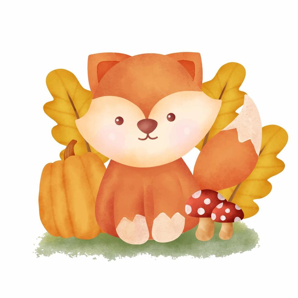Watercolor Autumn fox card vector