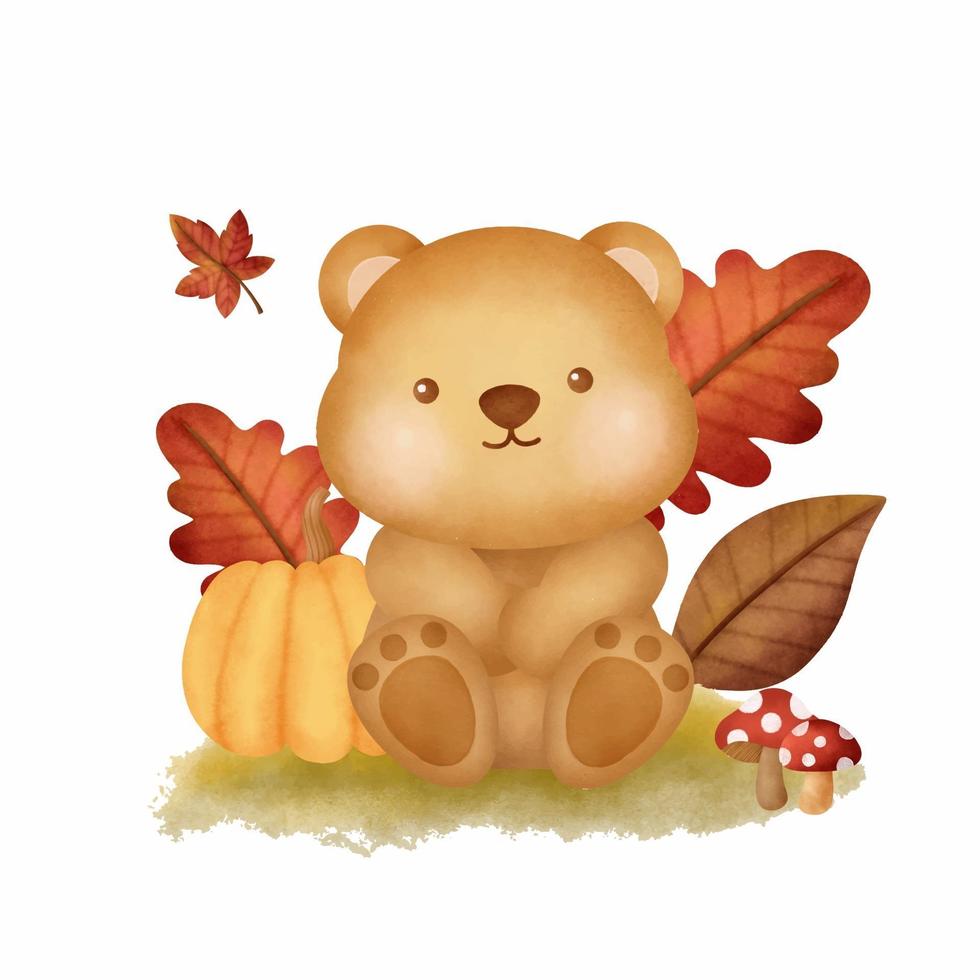 Watercolor Autumn woodland animals with cute bear vector