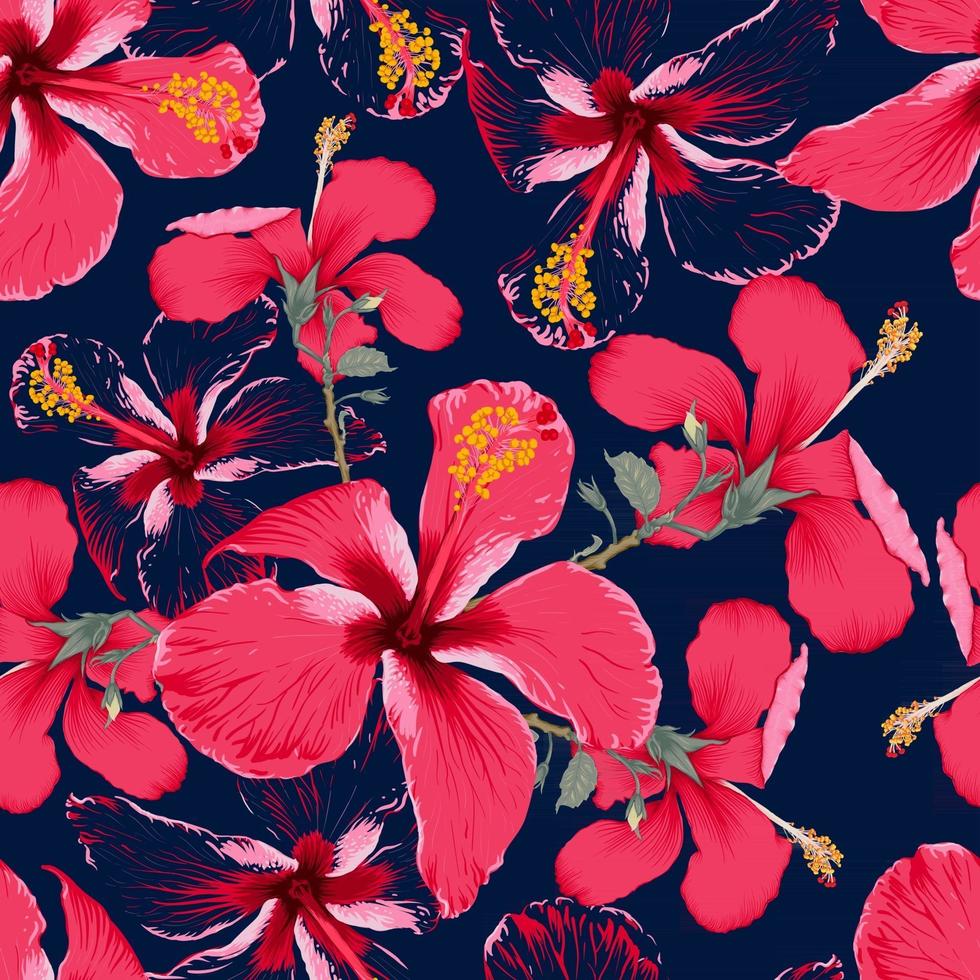 Seamless pattern tropical summer with red Hibiscus flowers on isolated dark blue background.Vector illustration hand drawing dry watercolor style.For fabric design. vector