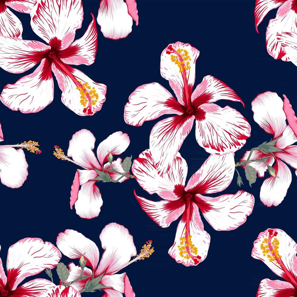 Seamless pattern tropical summer with Hibiscus flowers on isolated dark blue background.Vector illustration hand drawing dry watercolor style.For fabric design. vector