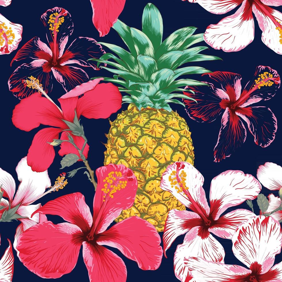 Seamless pattern tropical summer with Hibiscus flowers and Pineapple on isolated dark blue background.Vector illustration hand drawing dry watercolor style.For fabric design. vector