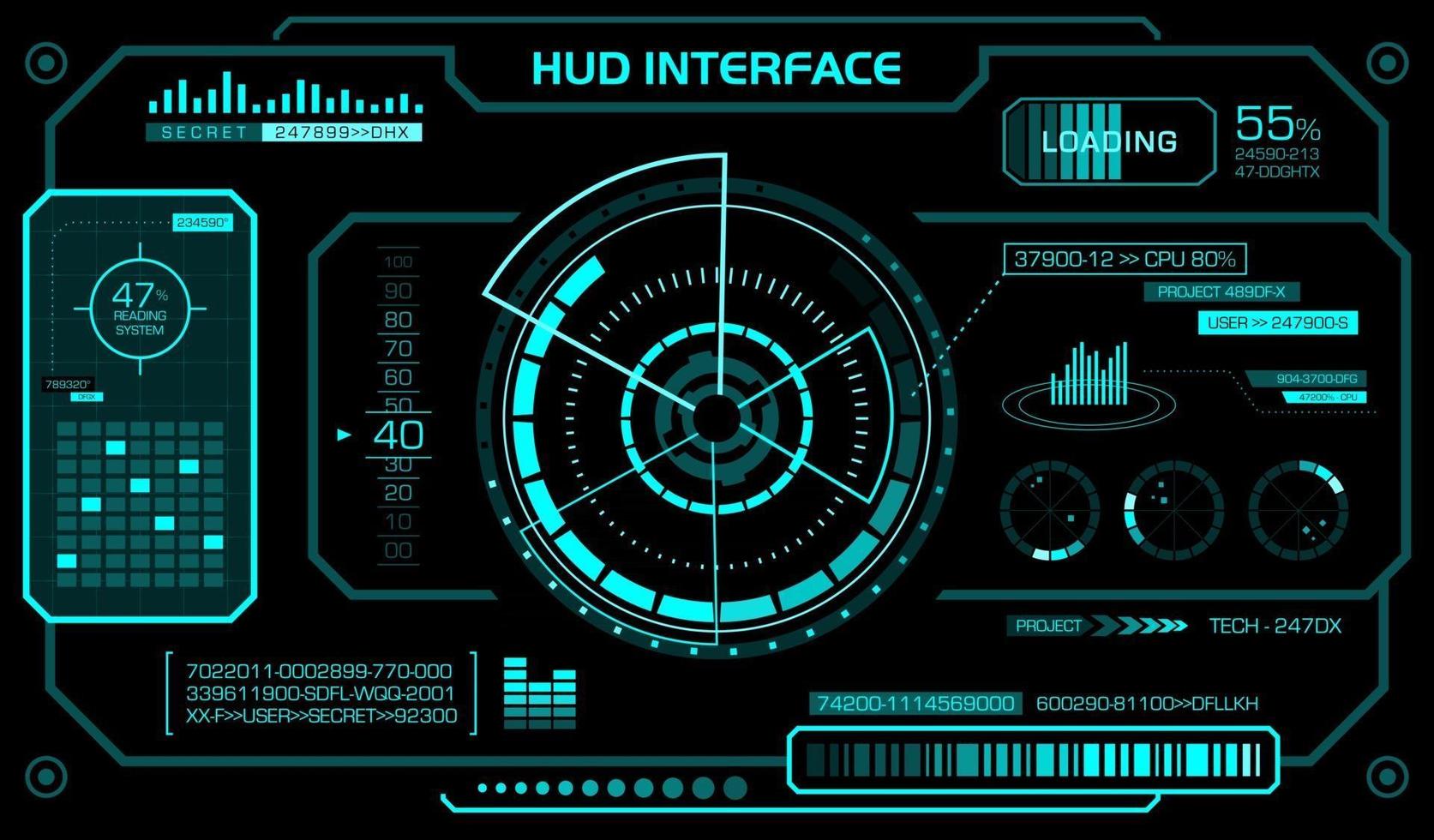 plantilla de interfaz de hud. fondo negro, pantalla frontal futurista. vector