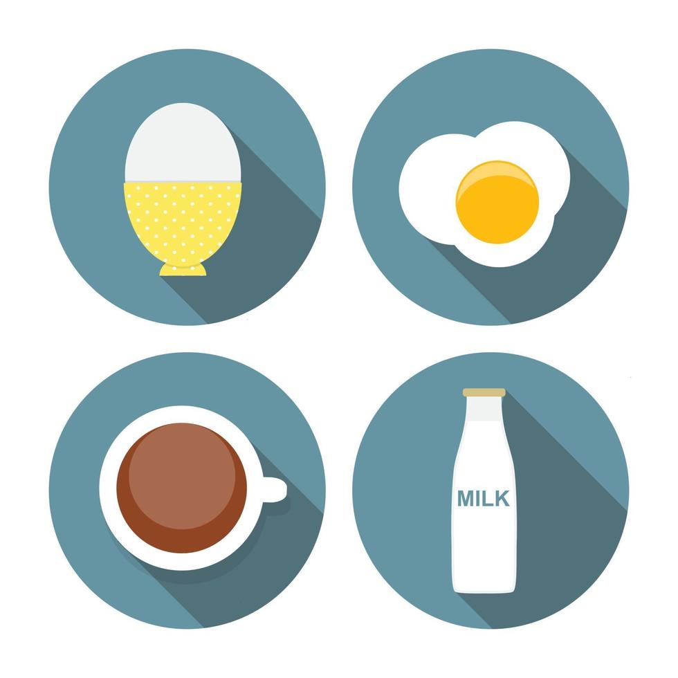 huevo revuelto, huevo pasado por agua, leche, café conjunto de iconos ilustración vectorial vector