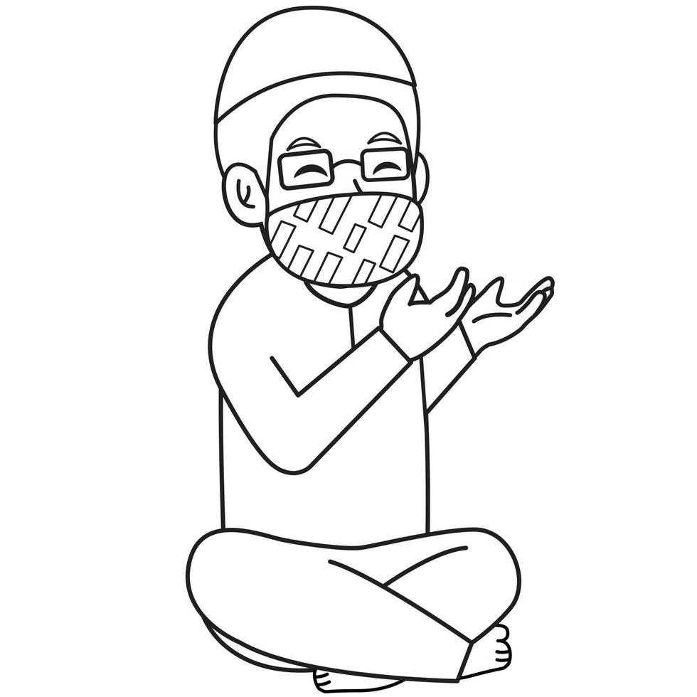 Muslim man or father use blue shirt ,praying in iftar.  ramadan  night, using mask and healthy protocol.Character illustration. vector