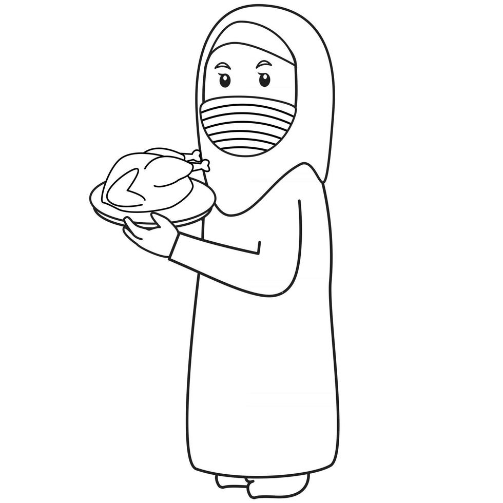 La mujer musulmana o la madre usan camisa azul, la noche de Ramadán trae pollo frito, usa máscara y un protocolo saludable.Ilustración de personaje. vector