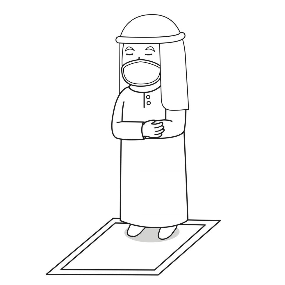 hombre musulmán usa vestido marrón musulmán tradicional. tarawih rezando en el mes de Ramadán, usando una máscara y un protocolo saludable.Ilustración de personaje. vector