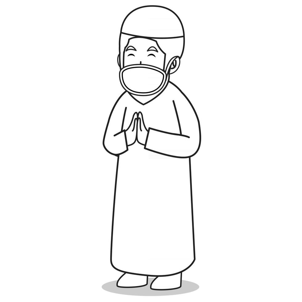 Muslim man with white dress traditional muslim.Greeting forgiveness to another muslim in ramadan month, using mask and healthy protocol.Character illustration. vector