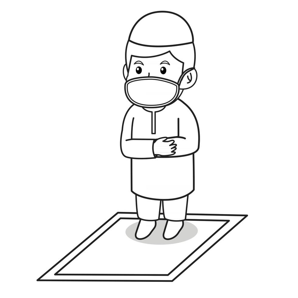 niño musulmán usa vestido rojo musulmán tradicional. tarawih rezando en el mes de Ramadán, usando una máscara y un protocolo saludable.Ilustración de personaje. vector