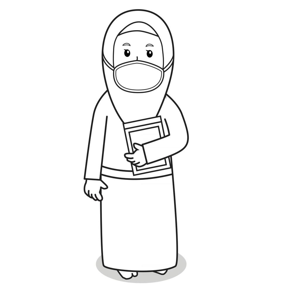 Muslim Woman use green dress traditional muslim. bring al quran holy book in ramadan month, using mask and healthy protocol.Character illustration. vector