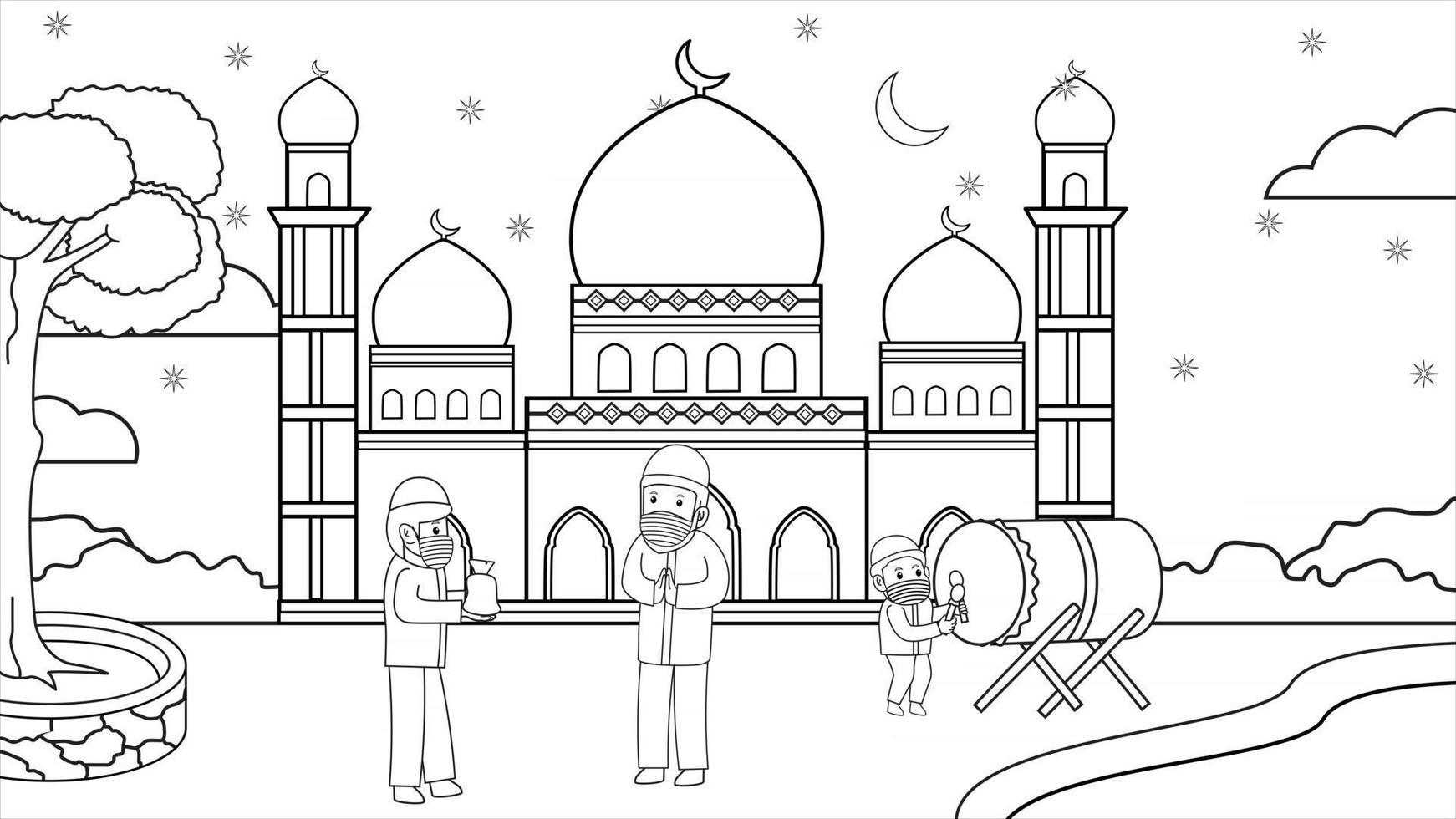During the corona pandemic, muslim in mosque courtyard starry night at ramadan month.Muslim activity and pray.  donation zakat, using masks and health protocols. vector book illustration.