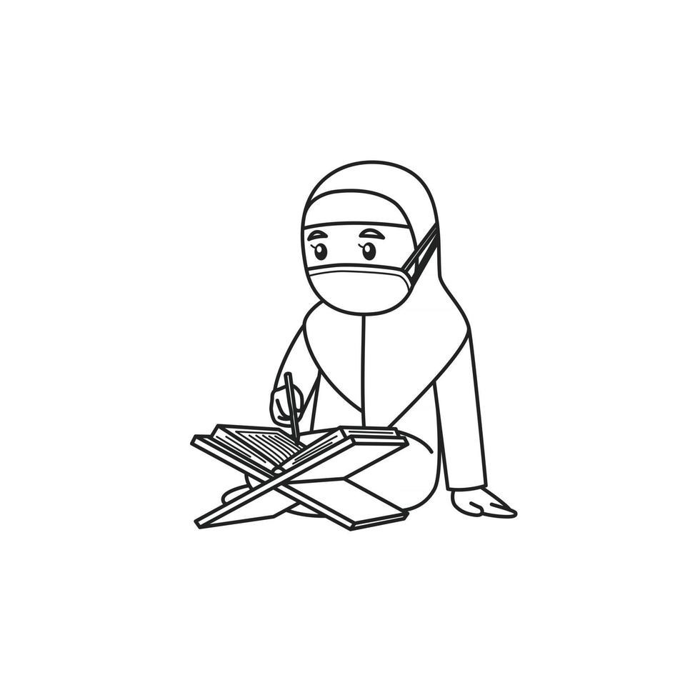 Girl Character Read the Koran, Wearing Muslim Clothes and Face Mask. Vector. Coloring Book. vector