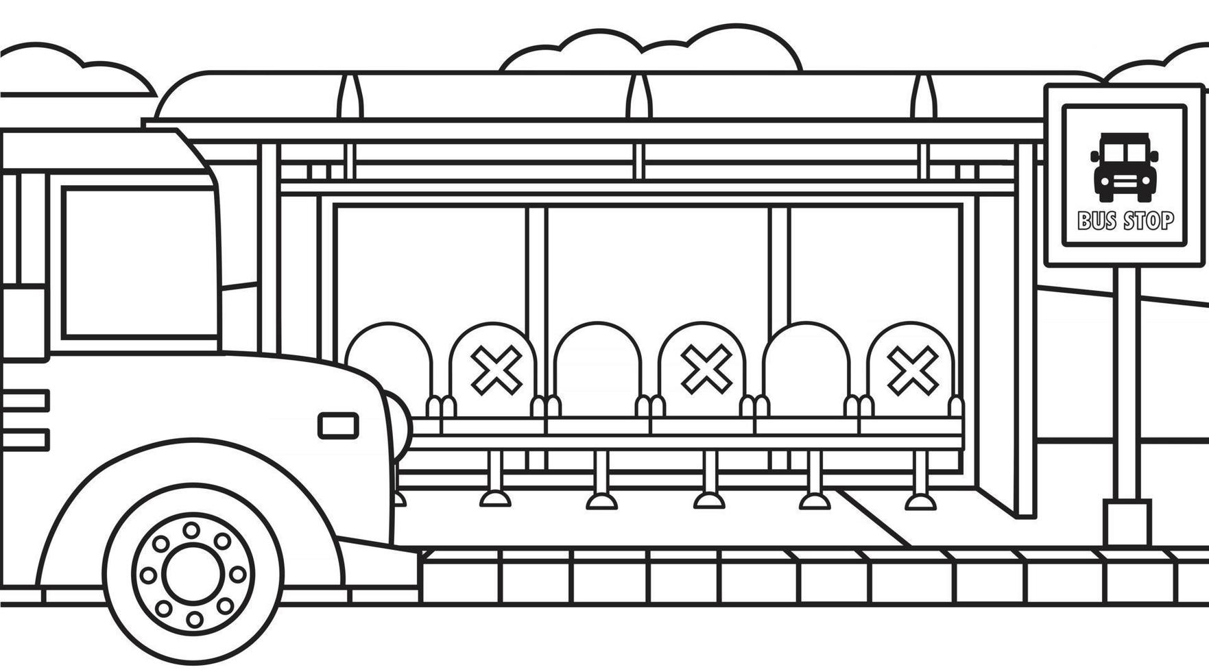 parada de autobús escolar de fondo y autobús escolar en street.bus stop y mucho sillón para niños ilustración de niños de fondo. vector