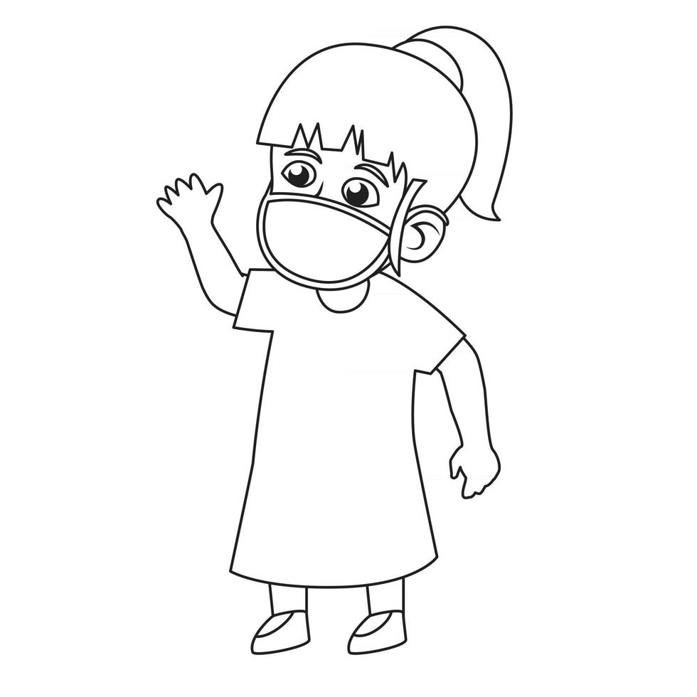 Children illustration,sweet girl  greeting hello to another friend in the class.Using mask and healthy protocol.kids coloring page illustration. vector