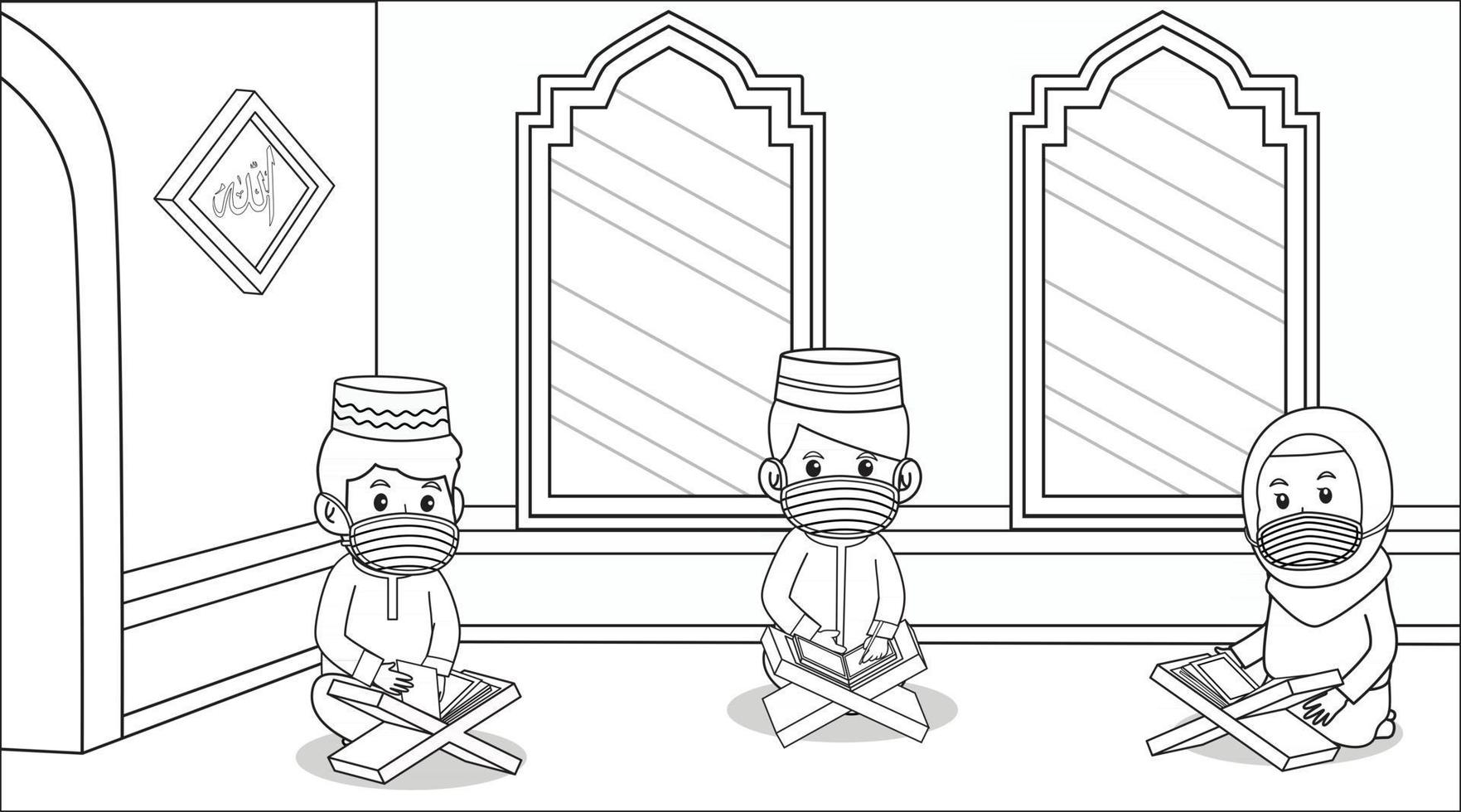 durante la pandemia del virus corona, musulmanes dentro de la mezquita, en el mes de ramadán. niños leyendo el libro sagrado musulmán al-quran, usando máscaras y protocolos de salud. ilustración de libros para niños. vector
