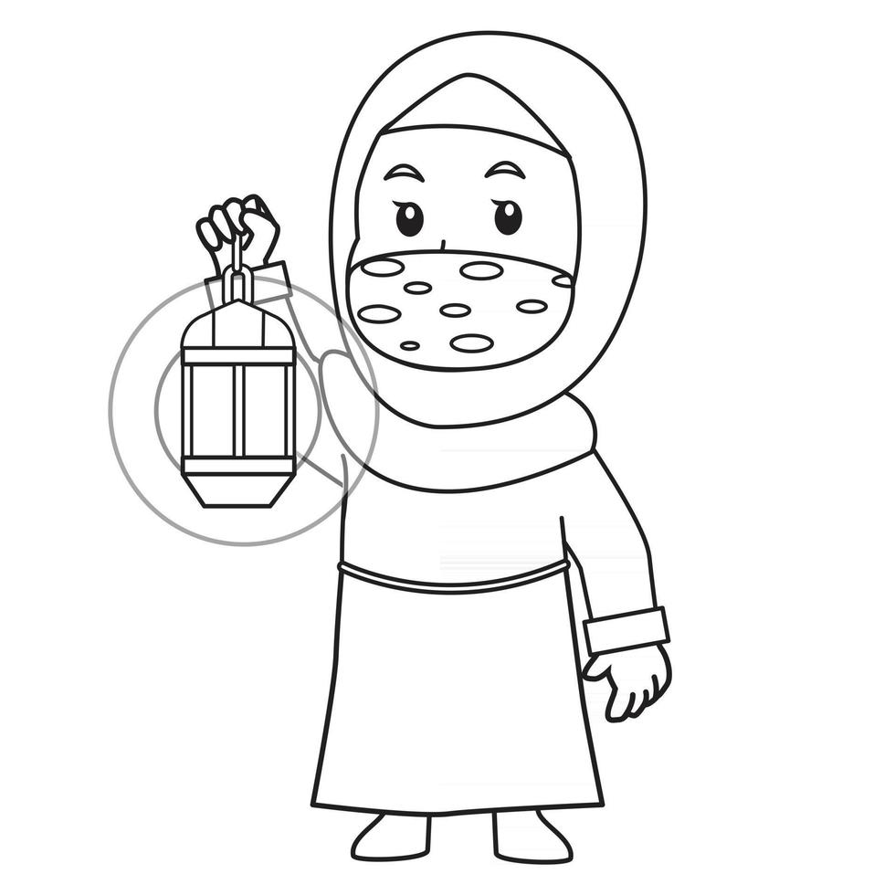 chica musulmana usa camisa naranja e hijab. Ponga la linterna de Ramadán en el mes de Ramadán, usando una máscara y un protocolo saludable. Ilustración de personaje. vector