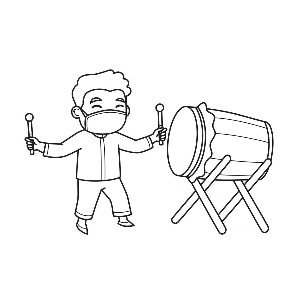 Boy Character Play Mosque Drum and Wearing a Face Mask. Vector. Coloring Book. vector