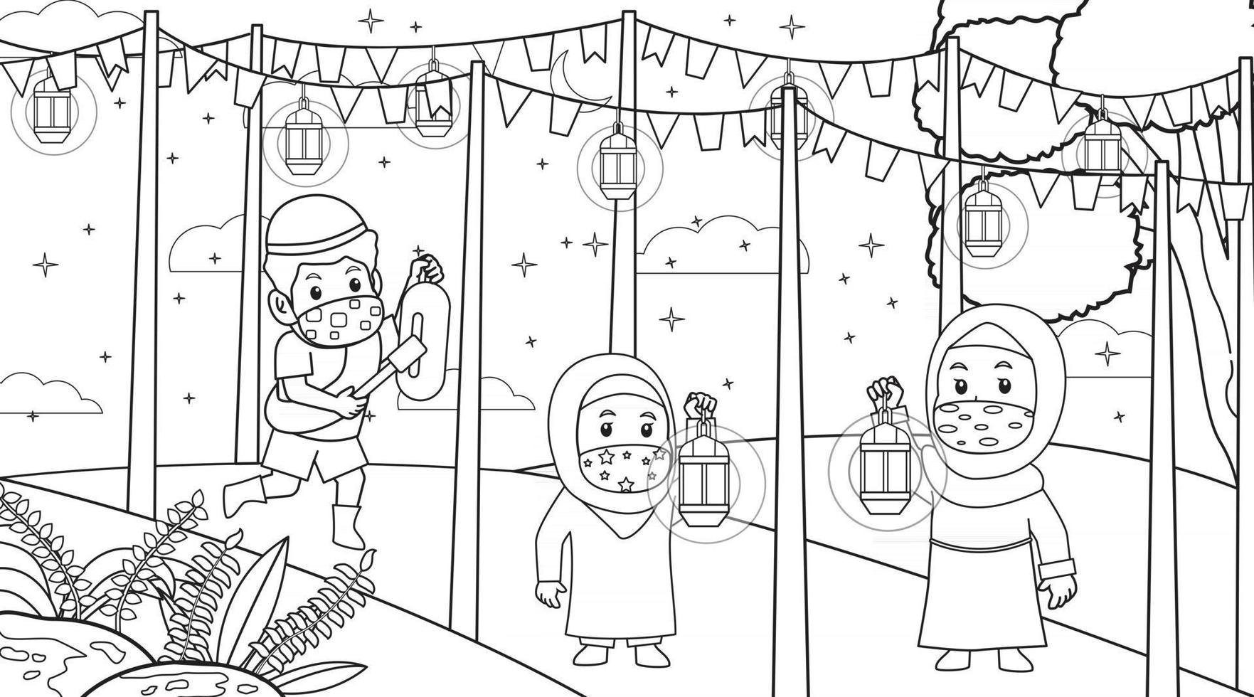 During the corona virus pandemic,muslim help another muslim to wake up for suhoor.Muslim ramadan month activity everyday.Using masker and health protocol.Children Illustration. vector