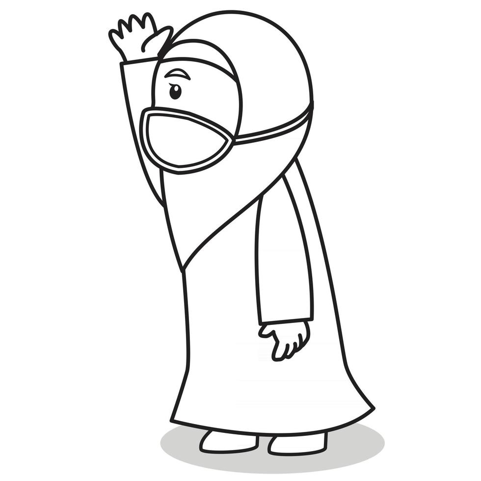 La niña musulmana usa un vestido rosa y un hijab musulmán tradicional. happyfull en eid mubarak o eid al fitr, usando máscara y protocolo saludable.Ilustración de personaje. vector