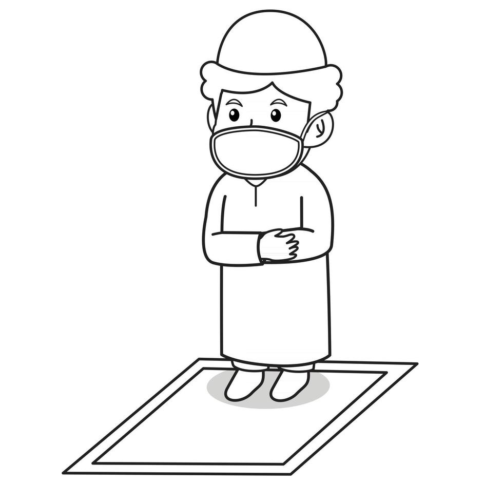 Muslim boy use blue dress traditional muslim. tarawih praying in ramadan month, using mask and healthy protocol.Character illustration. vector