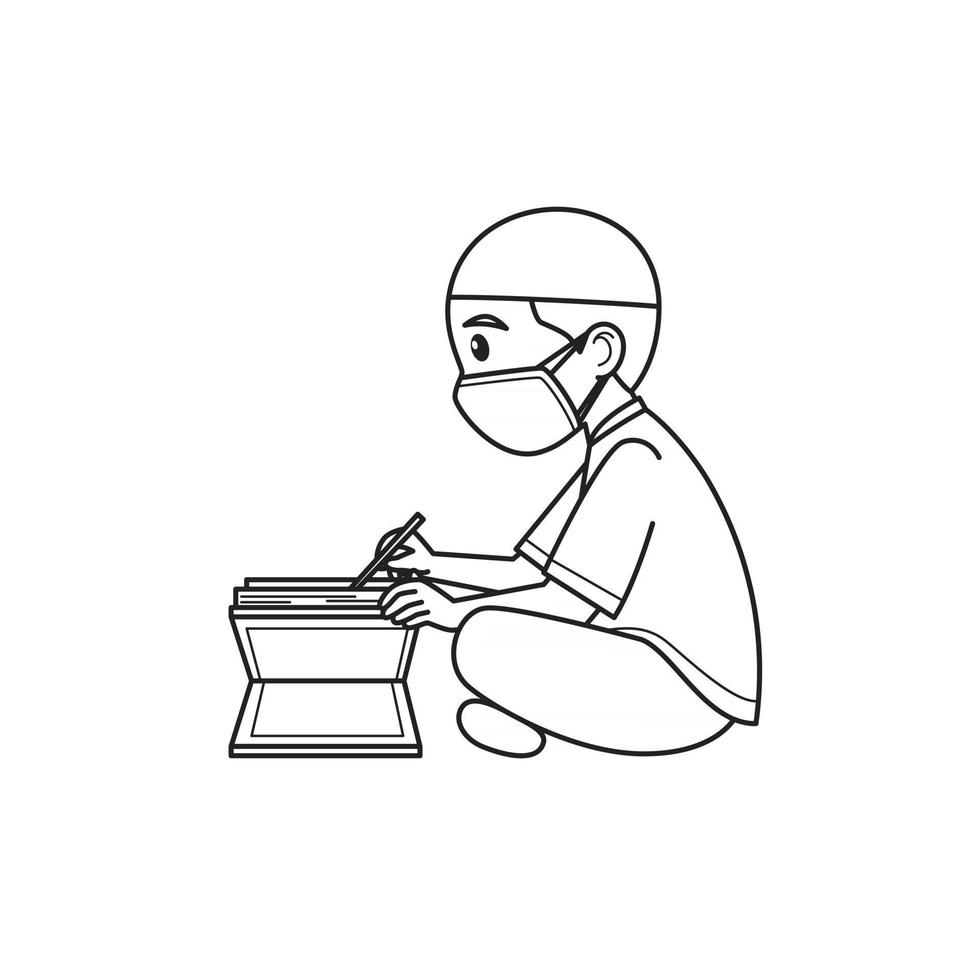 Boys Character Read the Koran, Wearing Muslim Caps, Clothes, and Face Mask. Vector. Coloring Book. vector