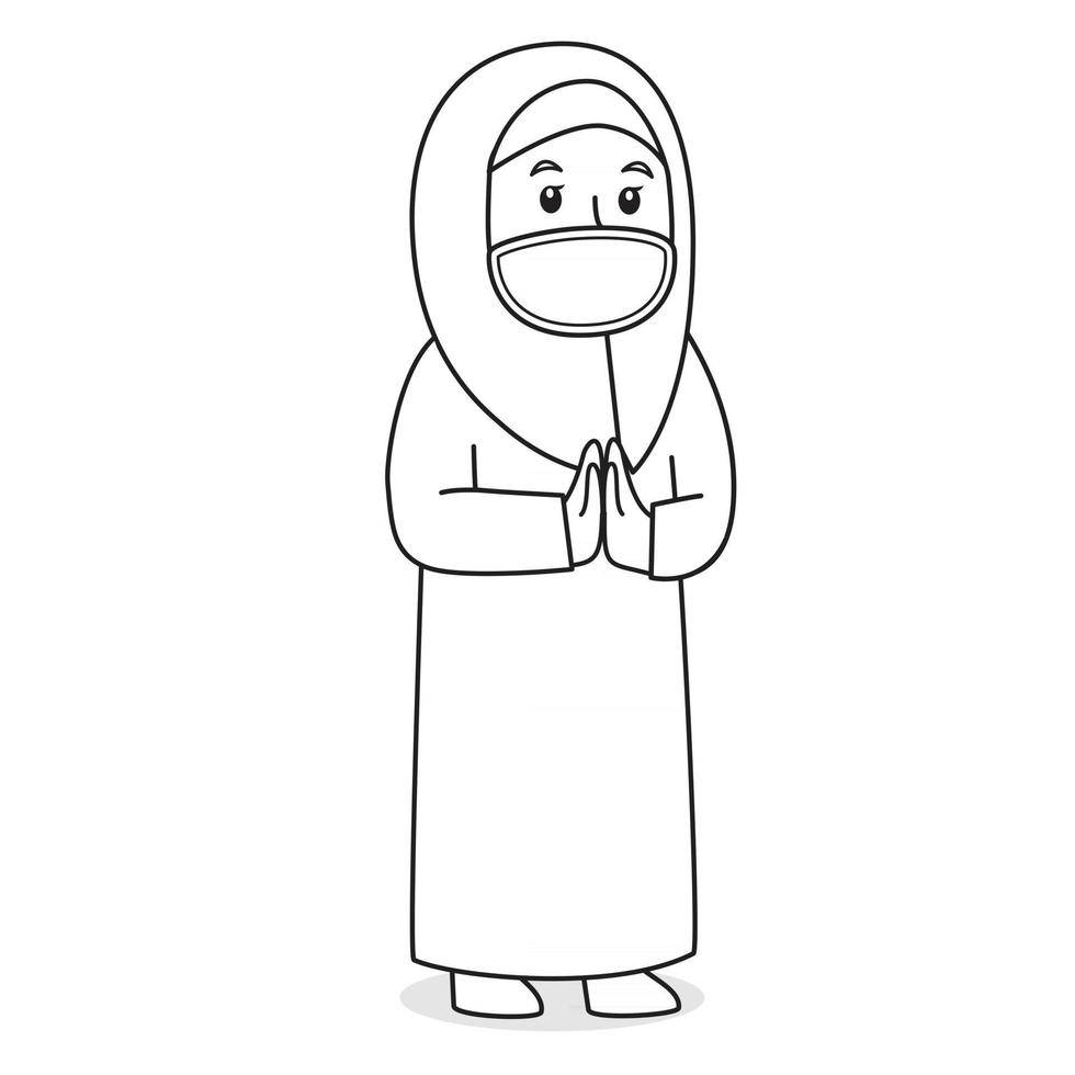 Muslim woman or mother religious character cartoon. greeting forgiveness in ramadan month, using mask and healthy protocol.Character illustration. vector