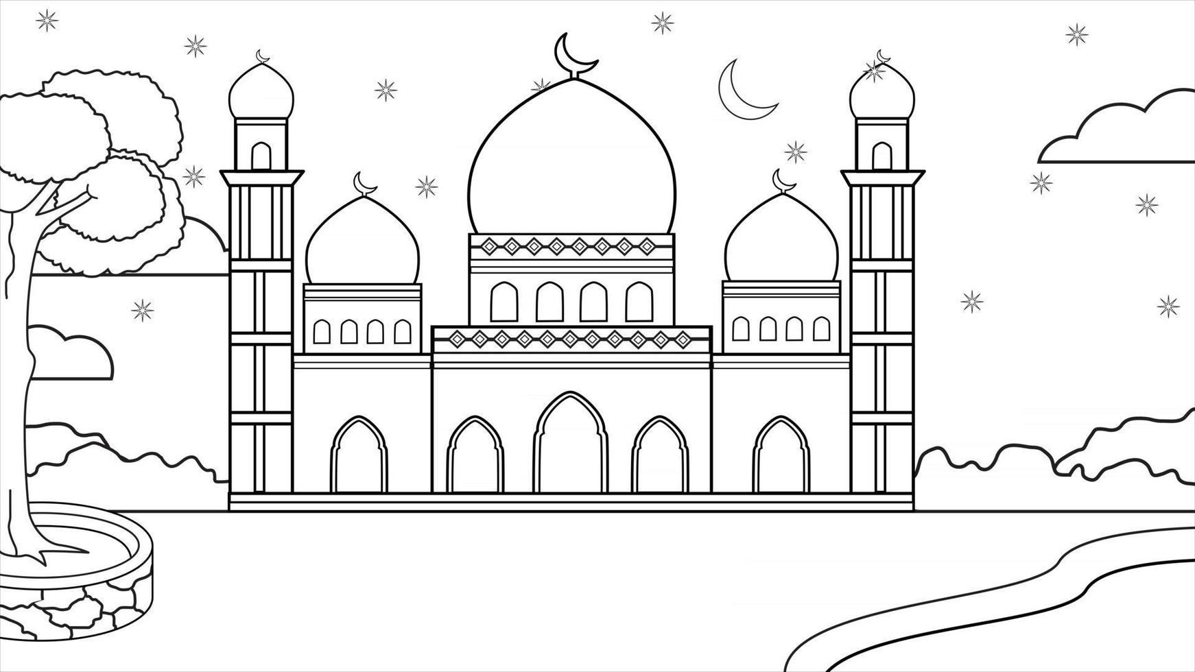 Background mosque courtyard, with ponds and trees, golden colored mosque and starry ramadan night.Background muslim illustration. vector