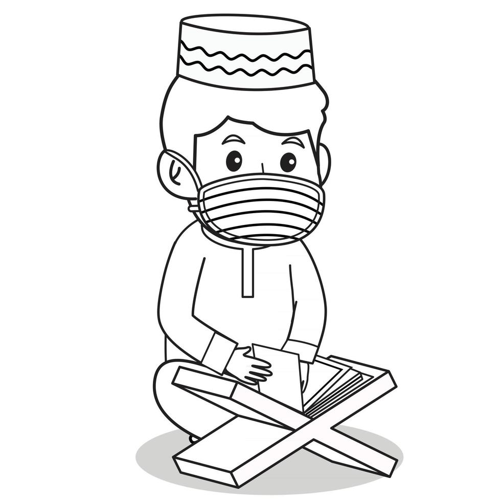 Muslim boy use red dress traditional muslim. reading al-quran holly book in ramadan month, using mask and healthy protocol.Character illustration. vector
