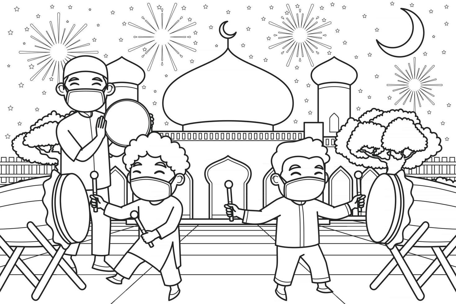 la ustad y los niños tocando el tambor y la pandereta en el patio de la mezquita con máscaras faciales. ilustración vectorial. Ilustración de libro para colorear. vector