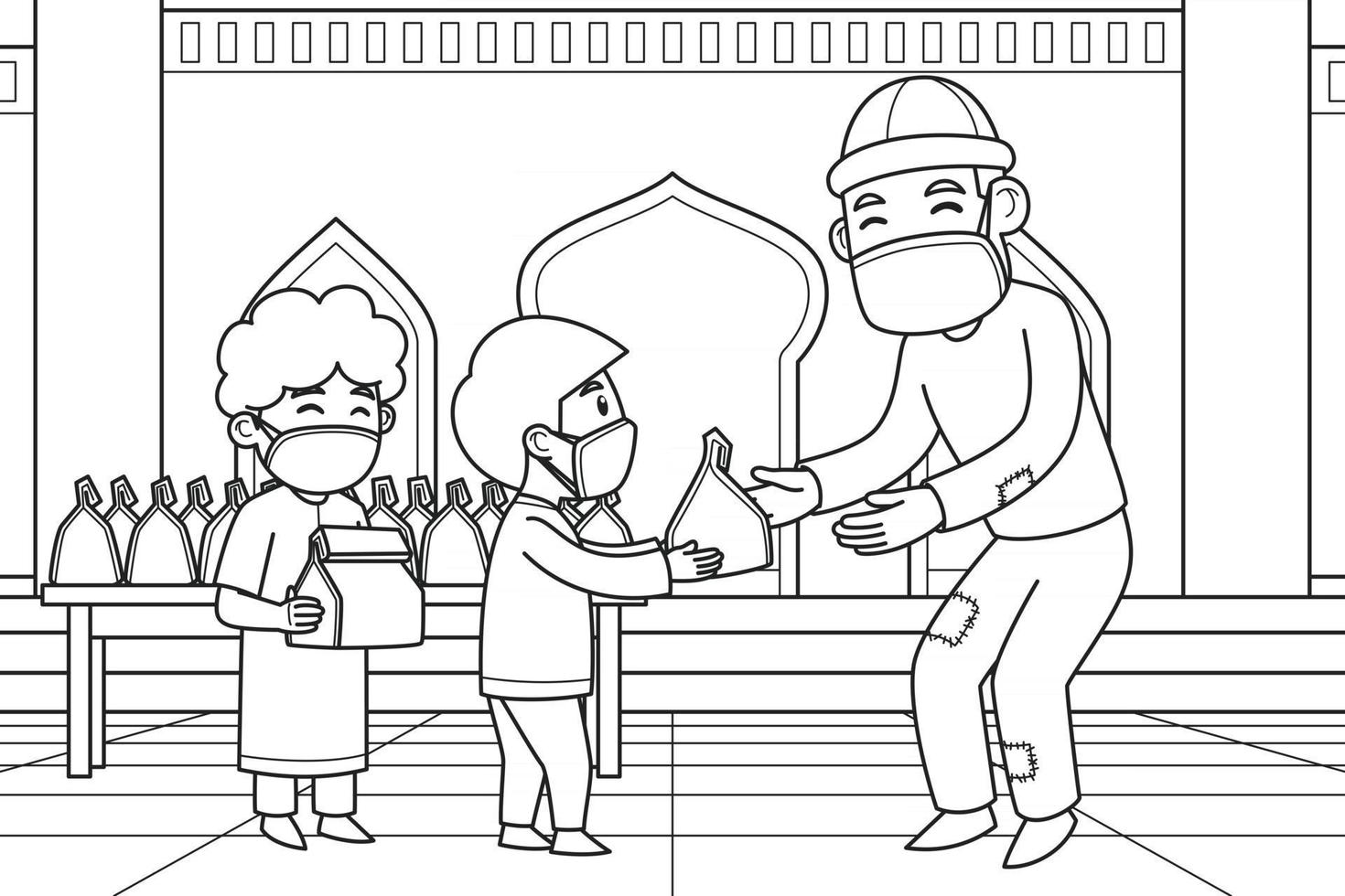 Day of Shadaqah Distribution by Children to Poor People in the Courtyard of a Mosque. Vector. Coloring Book. vector