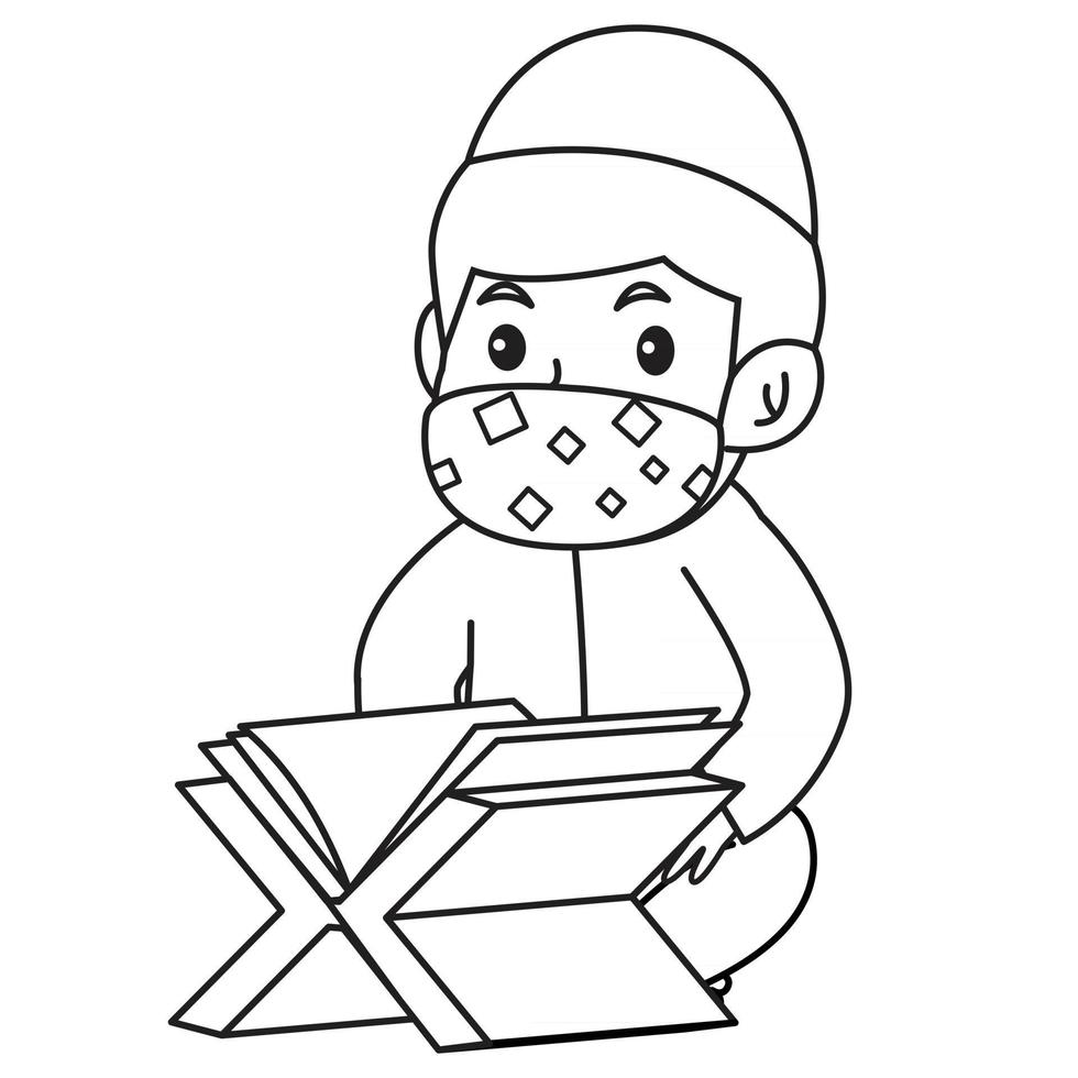 muchachos musulmanes lectura religiosa al-quran, mes de ramadán, usando máscara y protocolo saludable.Ilustración de personaje de vector. vector