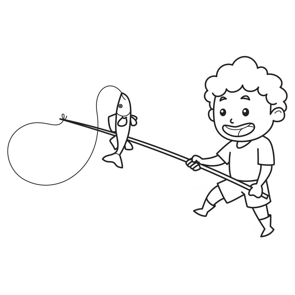 el niño pesca pescado azul con una caña de pescar. personaje. color blanco y negro. Ilustración de libro para colorear. vector
