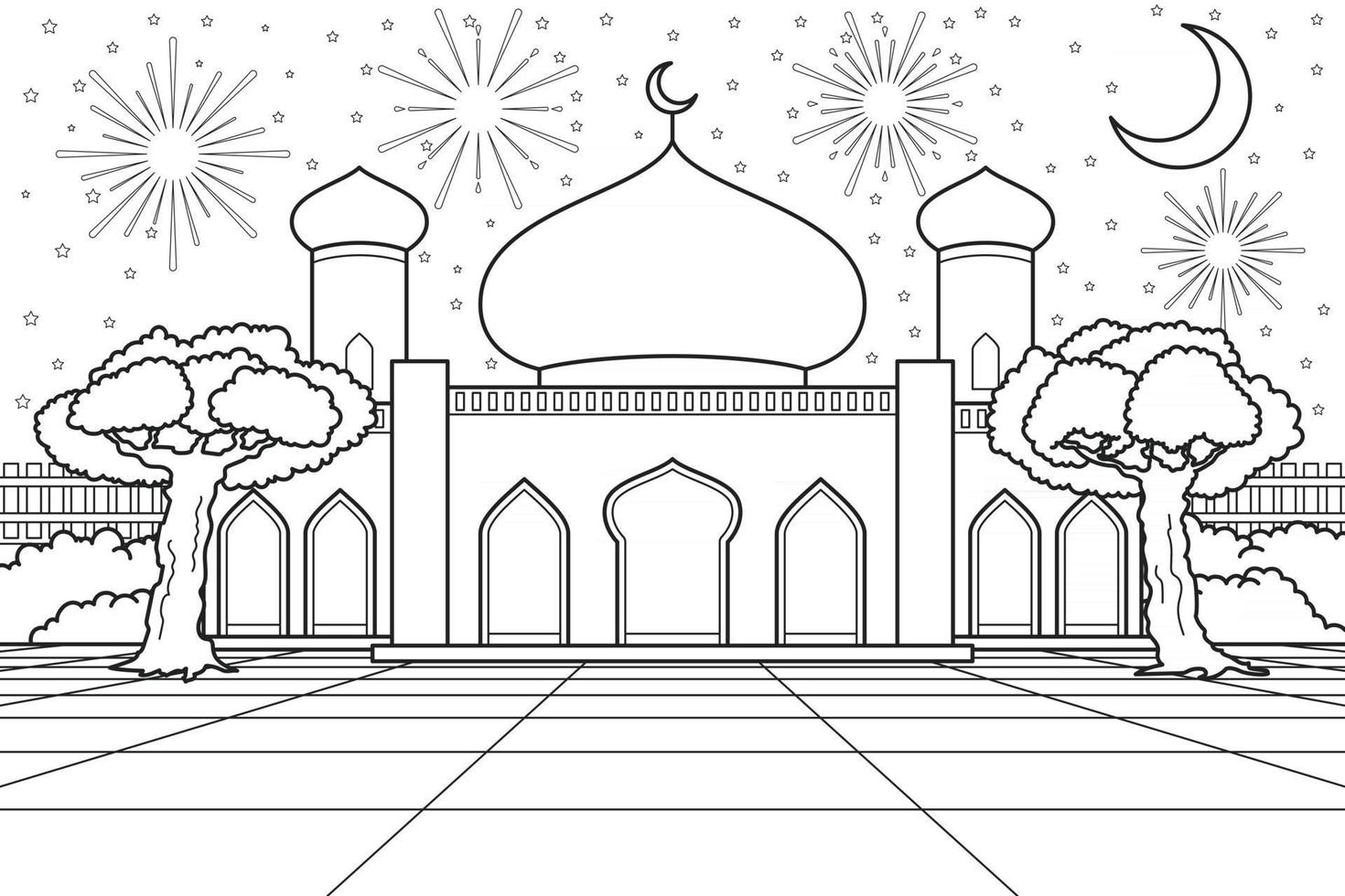 Mosque Courtyard With Moonlight And Fireworks on Background. Vector Illustration. Coloring Book Illustration.