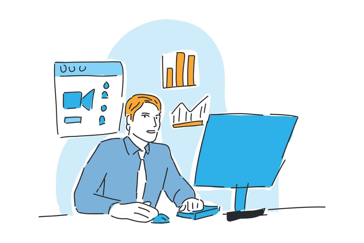 man working online business drawn illustration vector